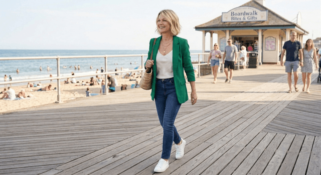 Sara enjoying an active lifestyle walking on the boardwalk — menopause doesn't slow you down